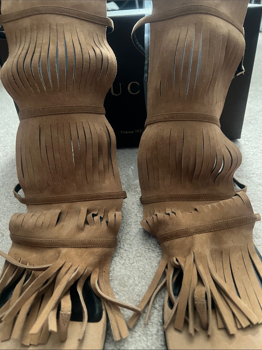 Gucci Tan Suede Fringe Gladiator Sandals